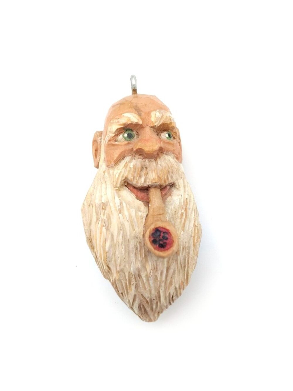 Hand Carved Wood Ornament Bearded Man Pipe Signed K Daley 2002 Folk Art